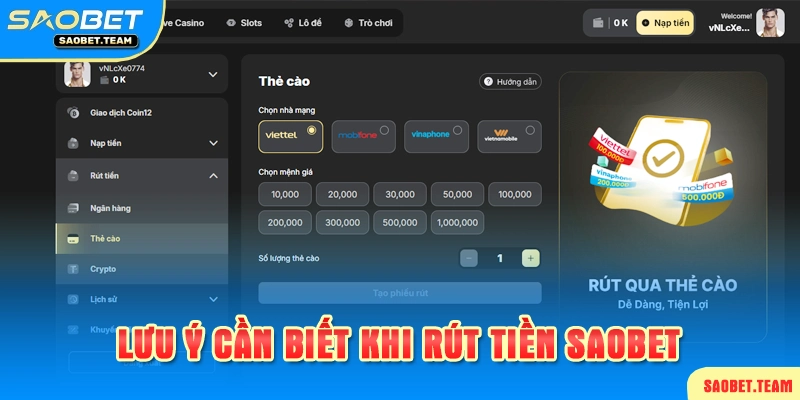 Các lưu ý cần phải biết khi thực hiện rút tiền tại Saobet